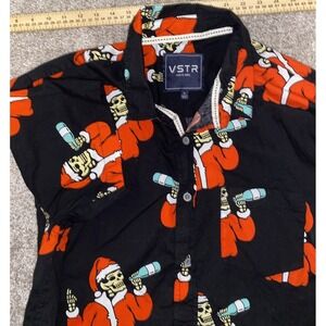 VSTR Santa Skeleton Skull Drinking‎ Hawaiian Christmas Shirt Sz L Button Up